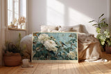 Paul Sinus Wandbild 120x80cm Blumen und Vogel Garten Szene Klassische Natur Kunst in Blau Grün und Weiß für Wohnzimmer Schlafzimmer Büro