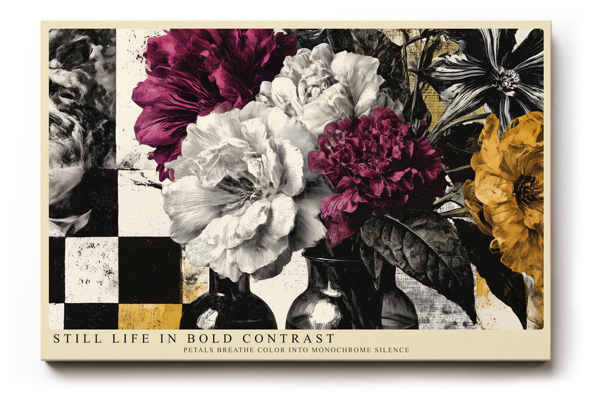 Paul Sinus Wandbild 120x80cm Blumenstillleben mit starkem Farbkontrast Moderne florale Kunst in Schwarz Weiss und Magenta