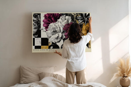 Paul Sinus Wandbild 120x80cm Blumenstillleben mit starkem Farbkontrast Moderne florale Kunst in Schwarz Weiss und Magenta
