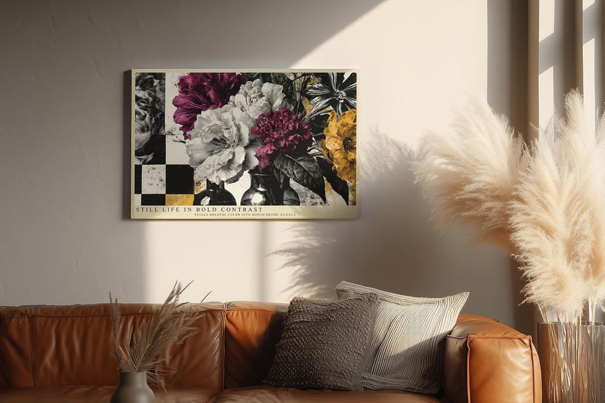 Paul Sinus Wandbild 120x80cm Blumenstillleben mit starkem Farbkontrast Moderne florale Kunst in Schwarz Weiss und Magenta