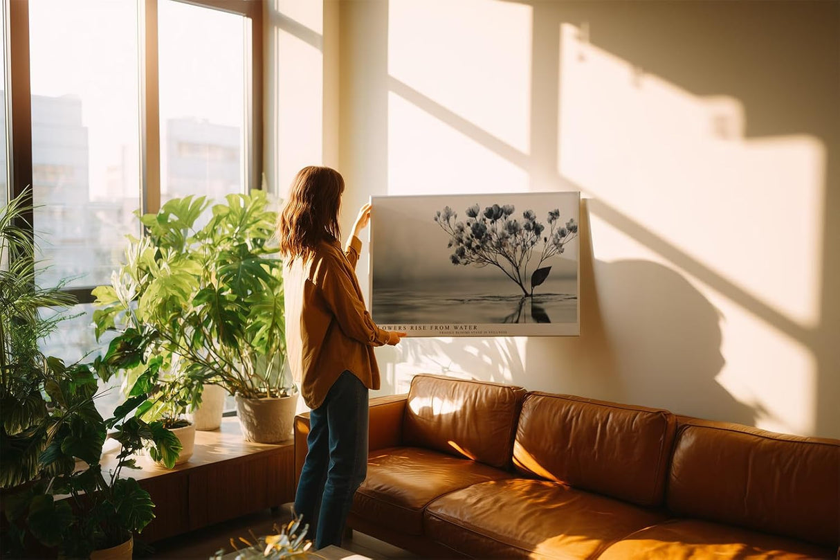 Paul Sinus Wandbild 120x80cm Blüten im Wasser minimalistische Naturkunst zarte Blumen graue ruhige Ästhetik modernes Naturmotiv stilvolle