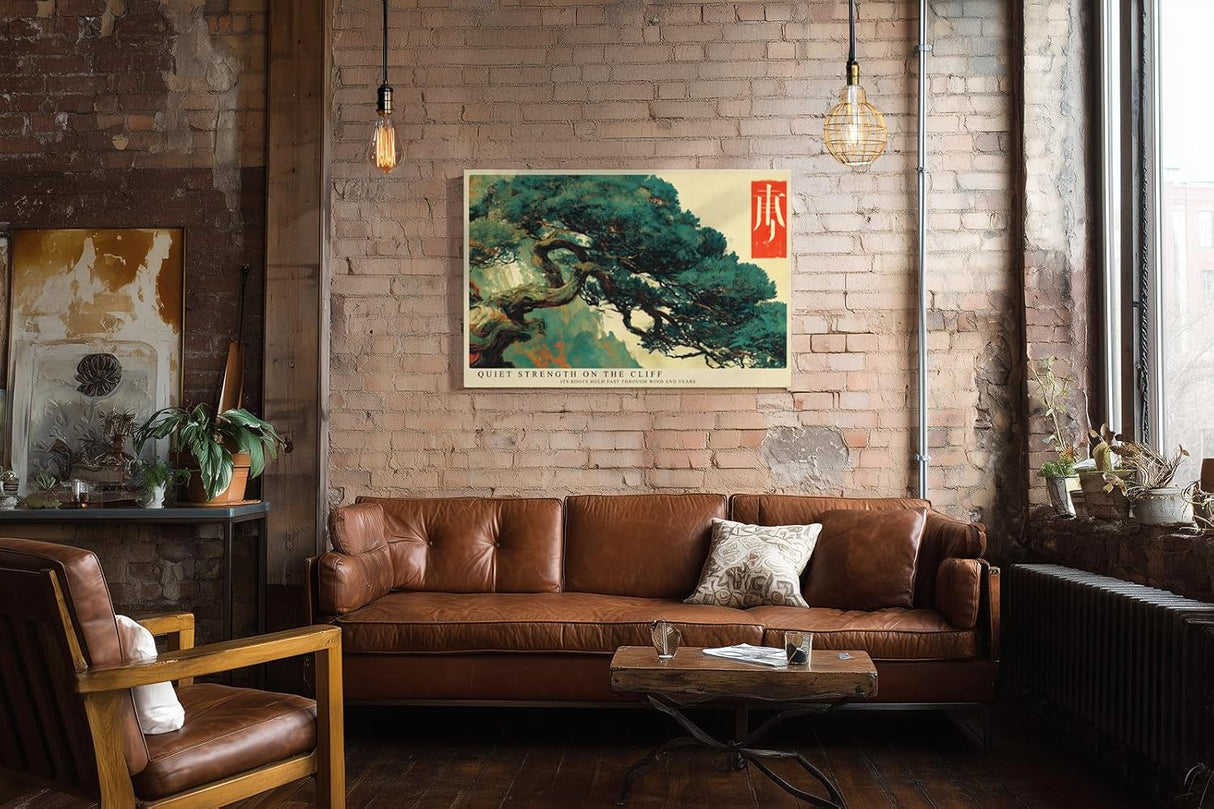 Paul Sinus Wandbild 120x80cm Bonsai Baum Kunst Asiatische Natur Illustration in Grün und Beige für Wohnzimmer Büro und Flur