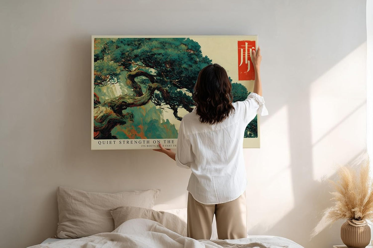 Paul Sinus Wandbild 120x80cm Bonsai Baum Kunst Asiatische Natur Illustration in Grün und Beige für Wohnzimmer Büro und Flur