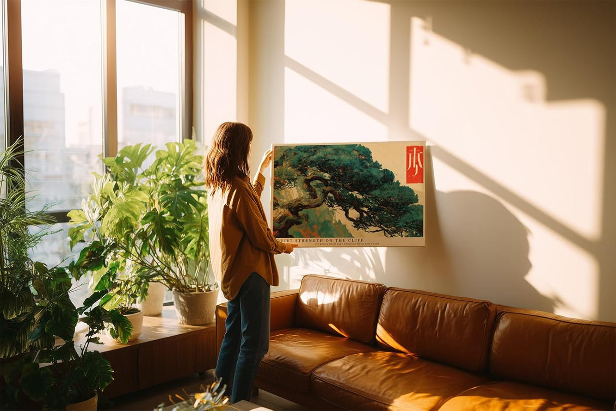 Paul Sinus Wandbild 120x80cm Bonsai Baum Kunst Asiatische Natur Illustration in Grün und Beige für Wohnzimmer Büro und Flur