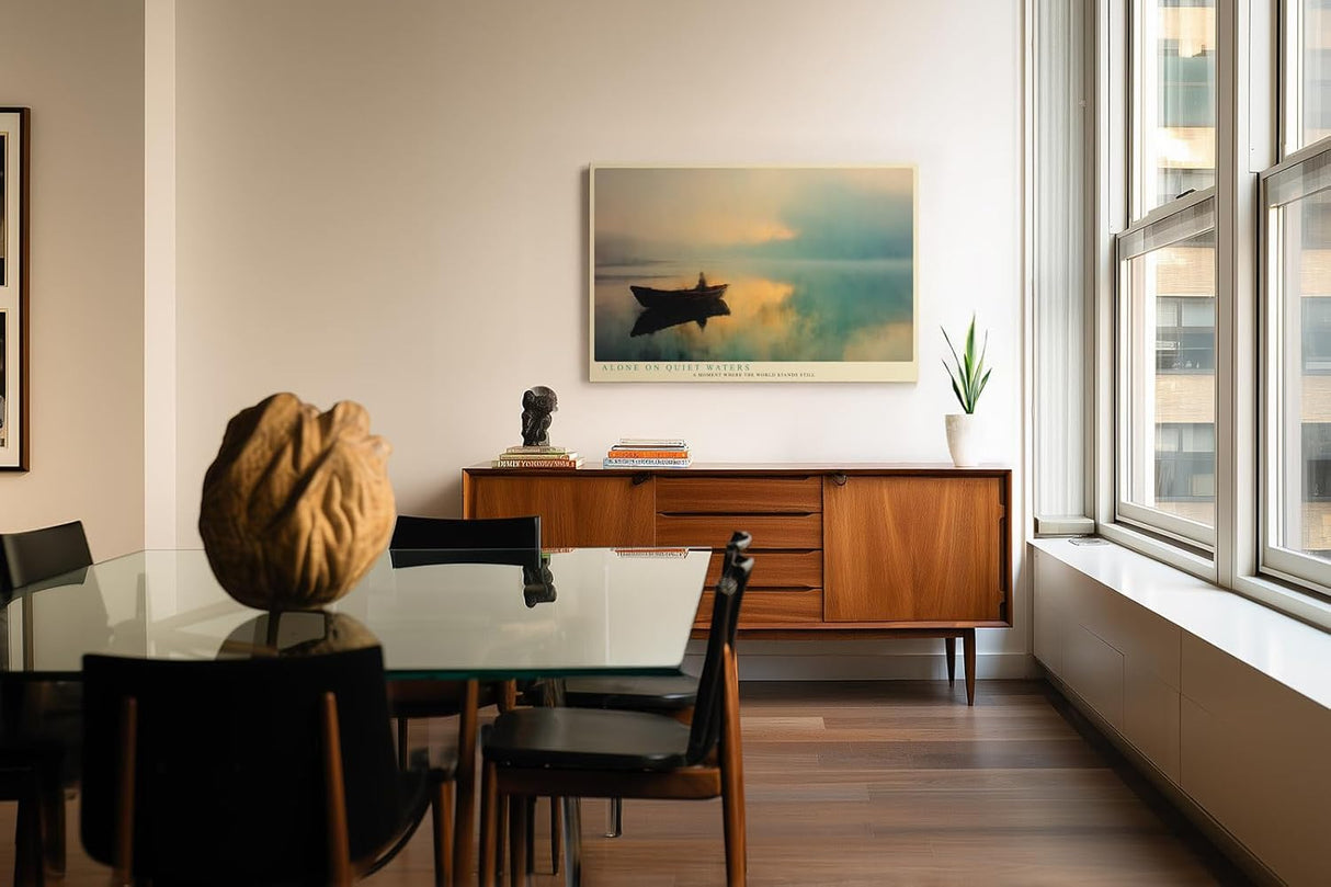 Paul Sinus Wandbild 120x80cm Boot auf See Sonnenaufgang moderne Naturkunst ruhige Wasserlandschaft grosses Kunstbild stilvolle Wanddekoration fuer Wohnzimmer Büro