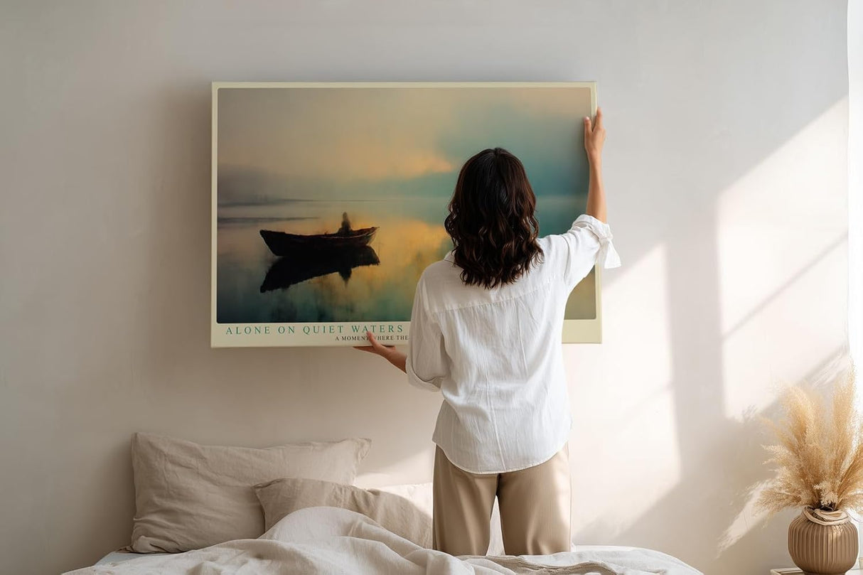 Paul Sinus Wandbild 120x80cm Boot auf See Sonnenaufgang moderne Naturkunst ruhige Wasserlandschaft grosses Kunstbild stilvolle Wanddekoration fuer Wohnzimmer Büro