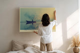 Paul Sinus Wandbild 120x80cm Boot auf stillem See Nebel Landschaft ruhige Naturfotografie sanfte Farben moderne Wanddekoration fuer Wohnzimmer Büro