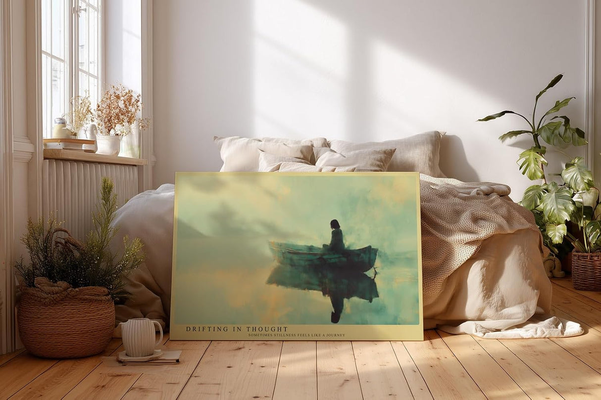 Paul Sinus Wandbild 120x80cm Boot auf stillem Wasser moderne Kunst ruhige Landschaft Malerei grün gold Kunstdruck meditative