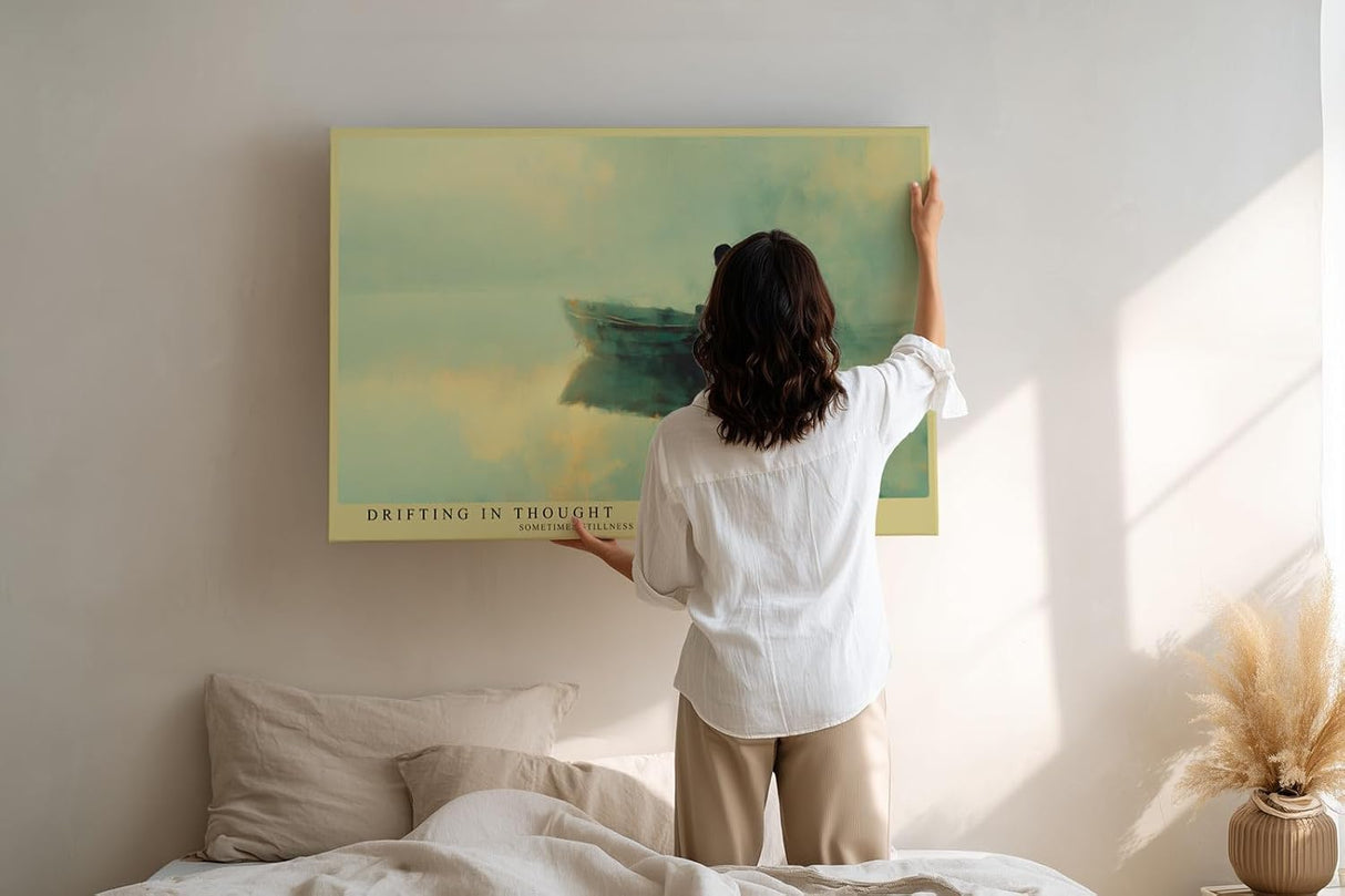 Paul Sinus Wandbild 120x80cm Boot auf stillem Wasser moderne Kunst ruhige Landschaft Malerei grün gold Kunstdruck meditative