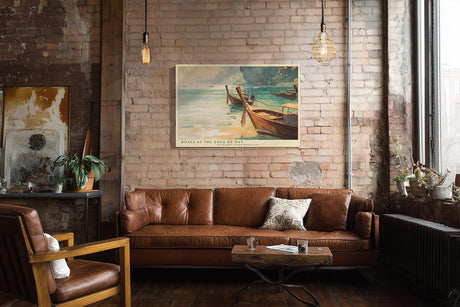 Paul Sinus Wandbild 120x80cm Boote am Meer Küsten Landschaft Kunst in Blau und Gold für Wohnzimmer Büro und Schlafzimmer