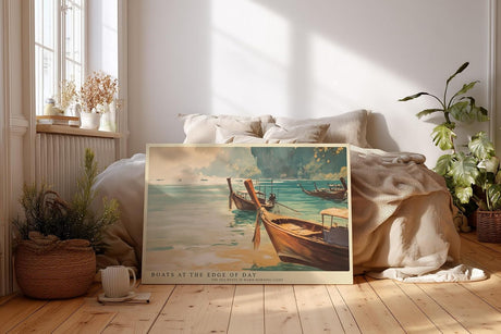Paul Sinus Wandbild 120x80cm Boote am Meer Küsten Landschaft Kunst in Blau und Gold für Wohnzimmer Büro und Schlafzimmer