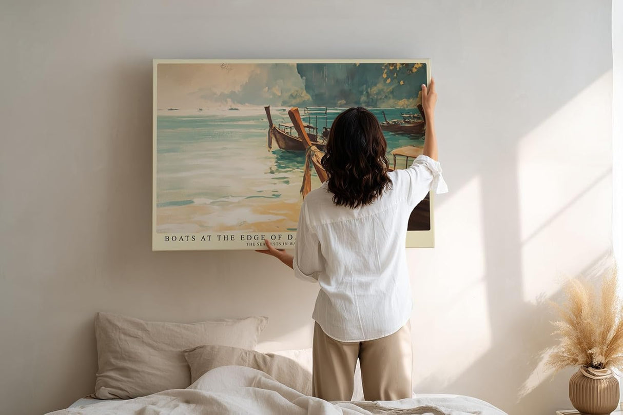 Paul Sinus Wandbild 120x80cm Boote am Meer Küsten Landschaft Kunst in Blau und Gold für Wohnzimmer Büro und Schlafzimmer