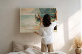Paul Sinus Wandbild 120x80cm Boote am Meer Küsten Landschaft Kunst in Blau und Gold für Wohnzimmer Büro und Schlafzimmer