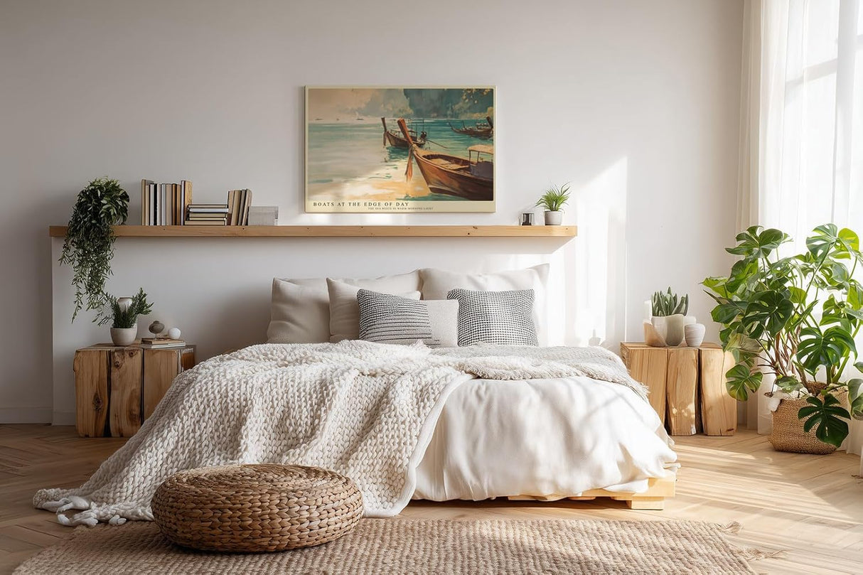 Paul Sinus Wandbild 120x80cm Boote am Meer Küsten Landschaft Kunst in Blau und Gold für Wohnzimmer Büro und Schlafzimmer