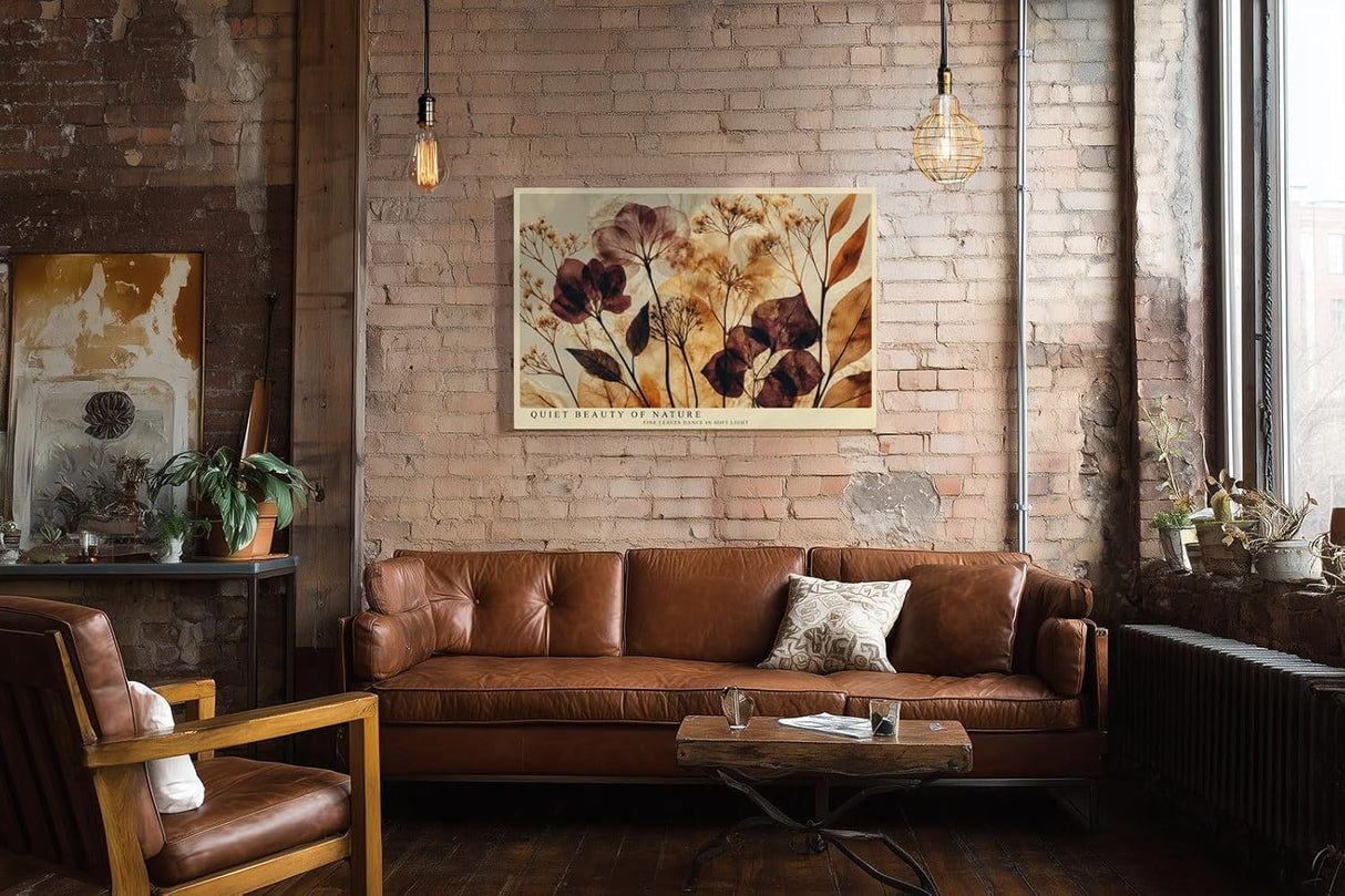 Paul Sinus Wandbild 120x80cm Botanische Blätter Kunst in Braun Beige und Gold Natur Illustration für Wohnzimmer Schlafzimmer Büro
