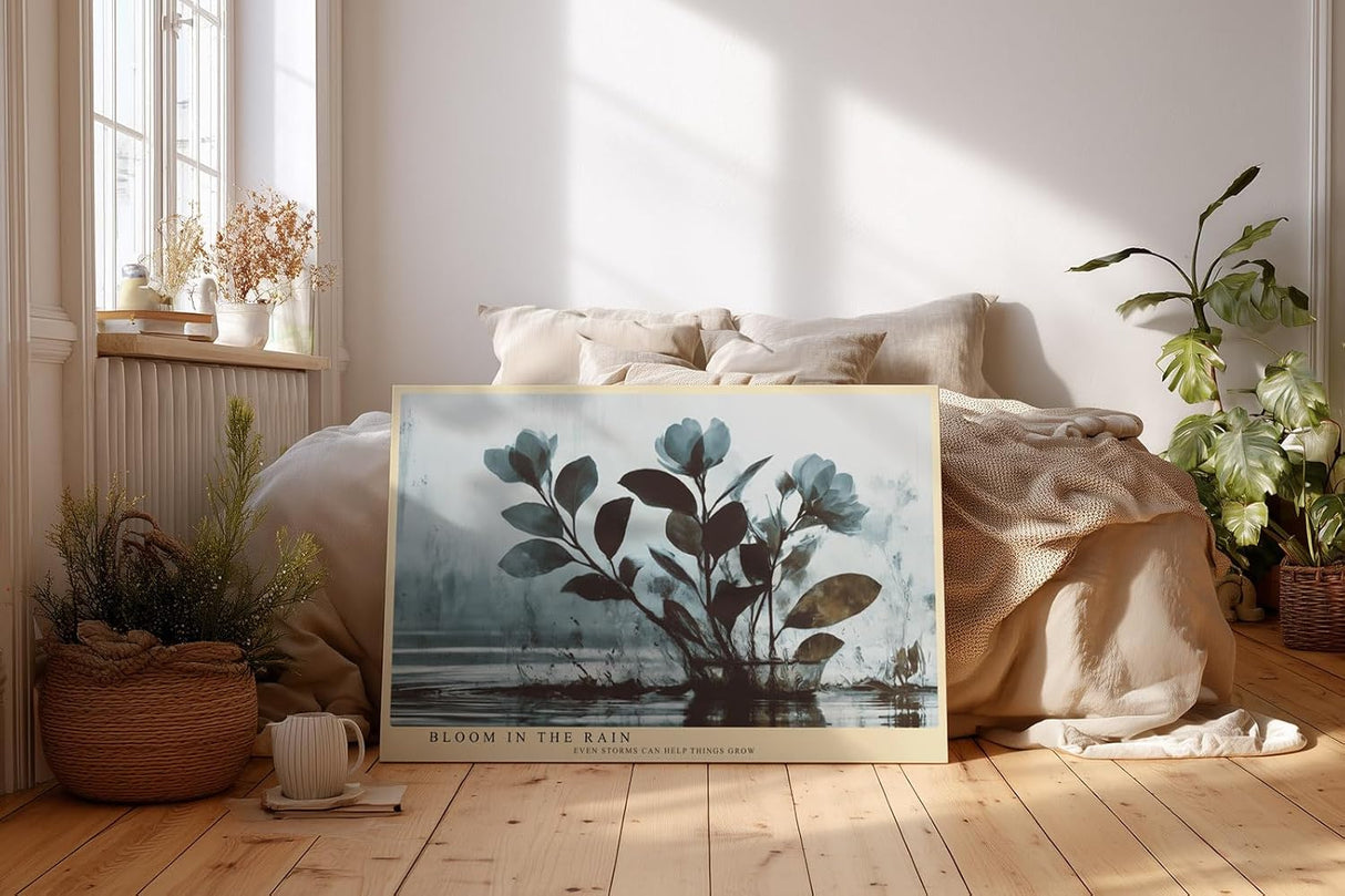 Paul Sinus Wandbild 120x80cm botanische Blumen im Regen moderne Naturmalerei blau grau Kunstdruck ruhige florale