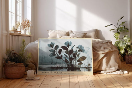 Paul Sinus Wandbild 120x80cm botanische Blumen im Regen moderne Naturmalerei blau grau Kunstdruck ruhige florale