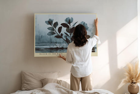 Paul Sinus Wandbild 120x80cm botanische Blumen im Regen moderne Naturmalerei blau grau Kunstdruck ruhige florale