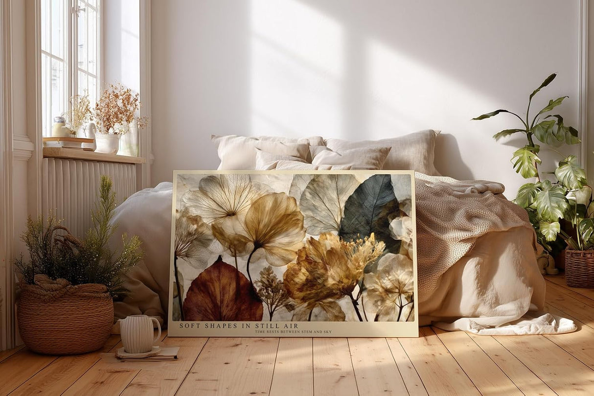 Paul Sinus Wandbild 120x80cm Botanische Blumen Komposition in Beige Braun Natur Kunst Modernes Florales Design für Wohnzimmer Schlafzimmer Büro