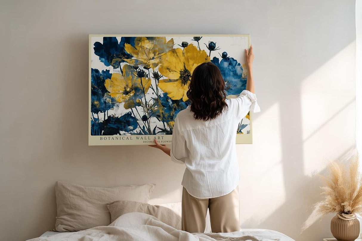Paul Sinus Wandbild 120x80cm Botanische Blumen Moderne Kunst Gelbe und Blaue Blueten Florale Dekoration