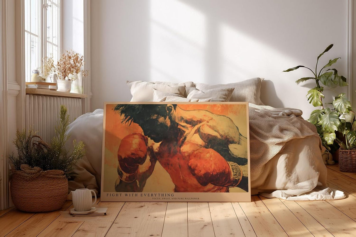 Paul Sinus Wandbild 120x80cm Boxer Illustration modern orange schwarz Sport Kunst Kunstdruck grosses Kunstbild kraftvolle Wanddekoration fuer Wohnzimmer Fitnessraum Büro