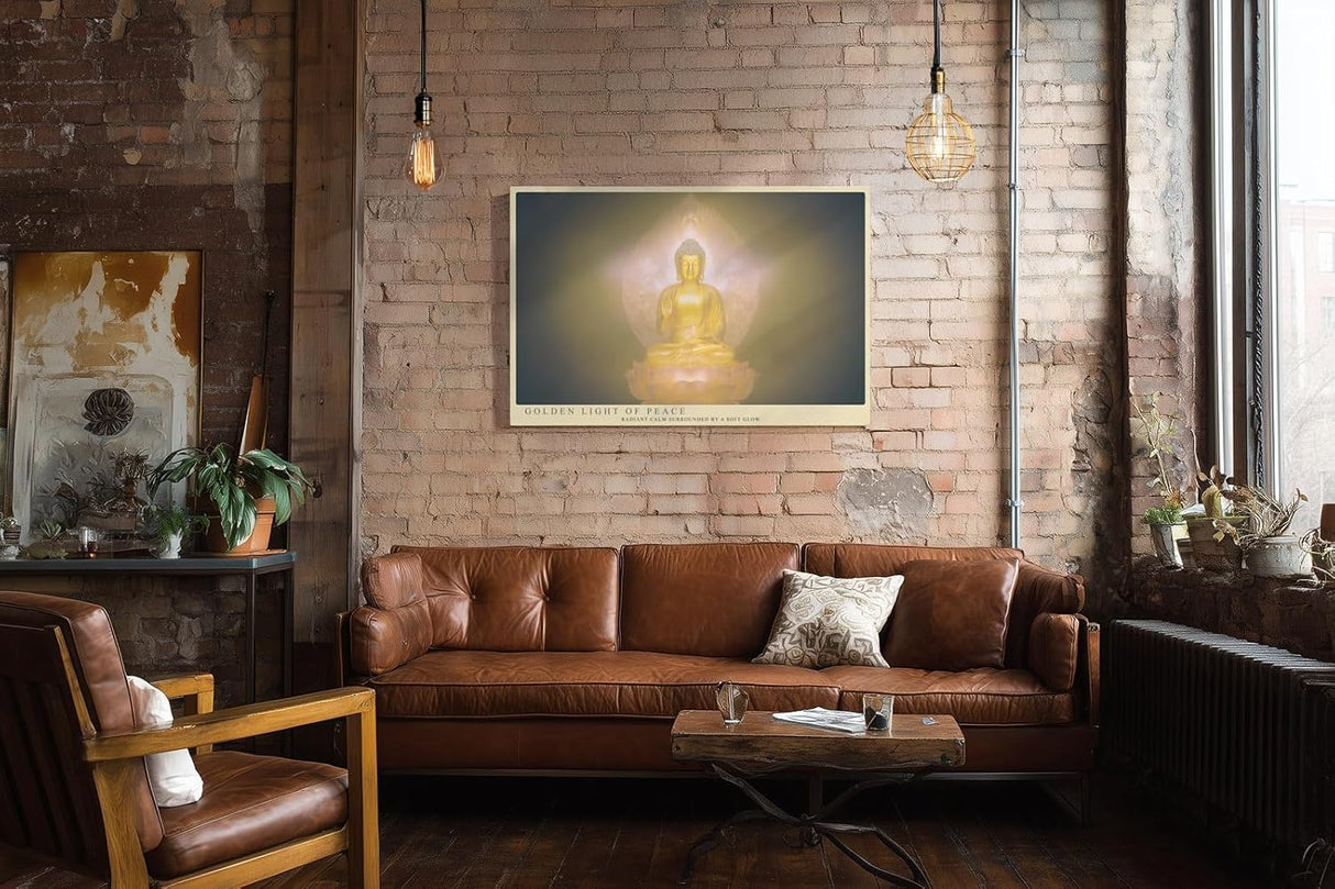 Paul Sinus Wandbild 120x80cm Buddha goldenes Licht spirituelle Meditation Kunst mit Lotusblüte ruhiges Zen Kunstbild elegante Wanddekoration für Wohnzimmer Yoga Raum