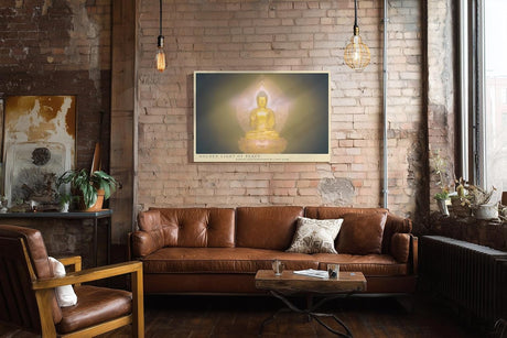 Paul Sinus Wandbild 120x80cm Buddha goldenes Licht spirituelle Meditation Kunst mit Lotusblüte ruhiges Zen Kunstbild elegante Wanddekoration für Wohnzimmer Yoga Raum