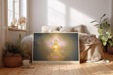 Paul Sinus Wandbild 120x80cm Buddha goldenes Licht spirituelle Meditation Kunst mit Lotusblüte ruhiges Zen Kunstbild elegante Wanddekoration für Wohnzimmer Yoga Raum