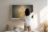 Paul Sinus Wandbild 120x80cm Buddha goldenes Licht spirituelle Meditation Kunst mit Lotusblüte ruhiges Zen Kunstbild elegante Wanddekoration für Wohnzimmer Yoga Raum
