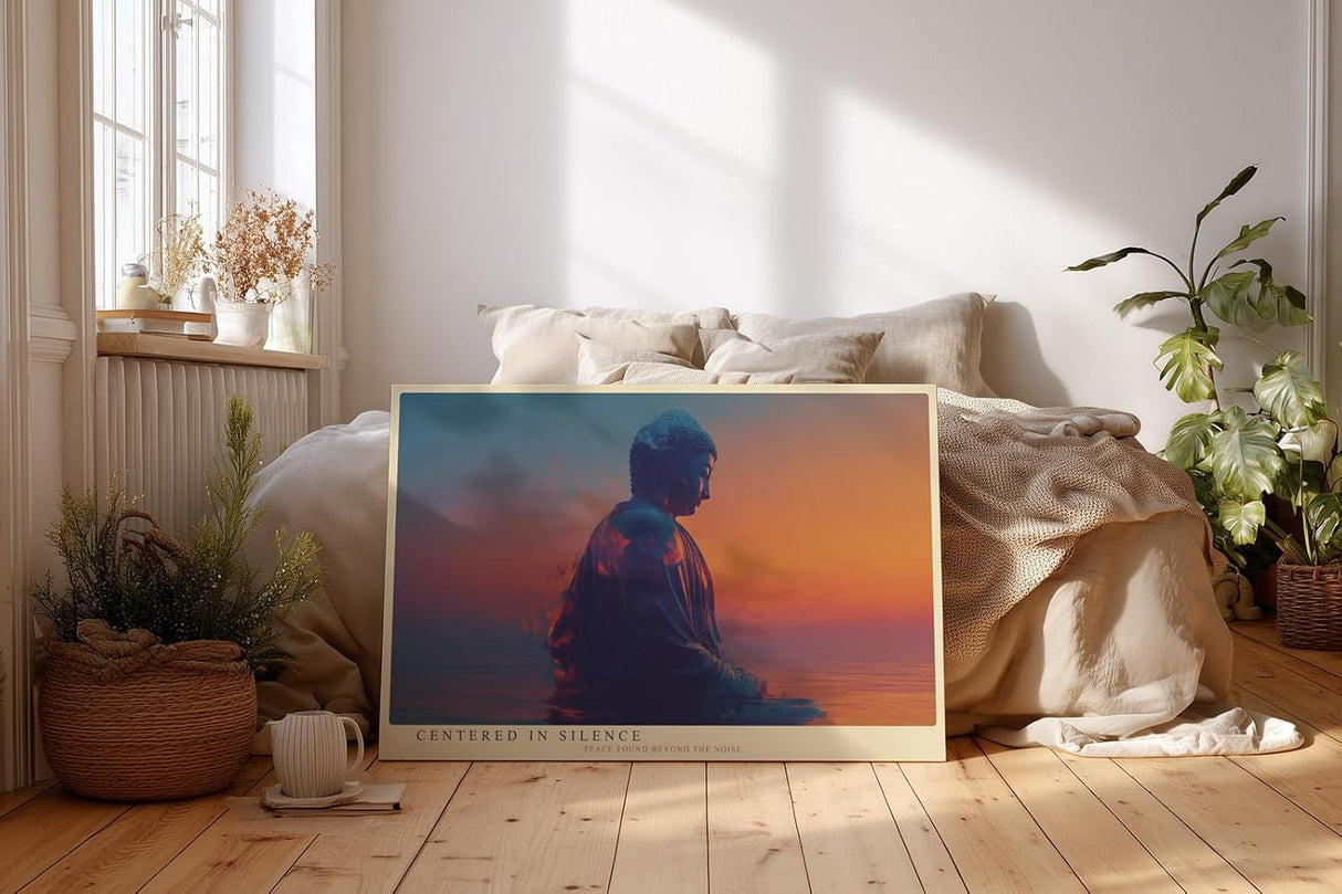 Paul Sinus Wandbild 120x80cm Buddha Meditation modern orange blau spirituelle Kunst ruhige Zen Atmosphaere grosses Kunstbild Wanddekoration fuer Wohnzimmer Yoga Raum