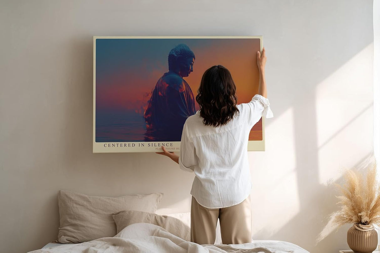Paul Sinus Wandbild 120x80cm Buddha Meditation modern orange blau spirituelle Kunst ruhige Zen Atmosphaere grosses Kunstbild Wanddekoration fuer Wohnzimmer Yoga Raum