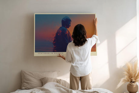 Paul Sinus Wandbild 120x80cm Buddha Meditation modern orange blau spirituelle Kunst ruhige Zen Atmosphaere grosses Kunstbild Wanddekoration fuer Wohnzimmer Yoga Raum