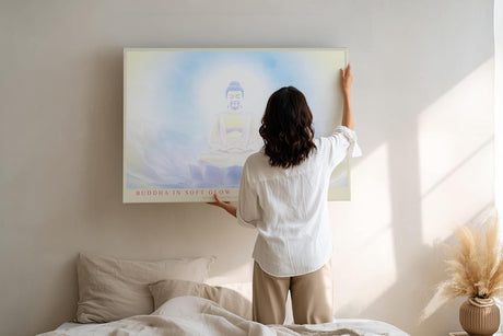 Paul Sinus Wandbild 120x80cm Buddha Meditation sanftes Licht spirituelle Zen Kunst Lotus Atmosphaere moderner Kunstdruck Wanddekoration fuer Wohnzimmer Yoga Raum Schlafzimmer