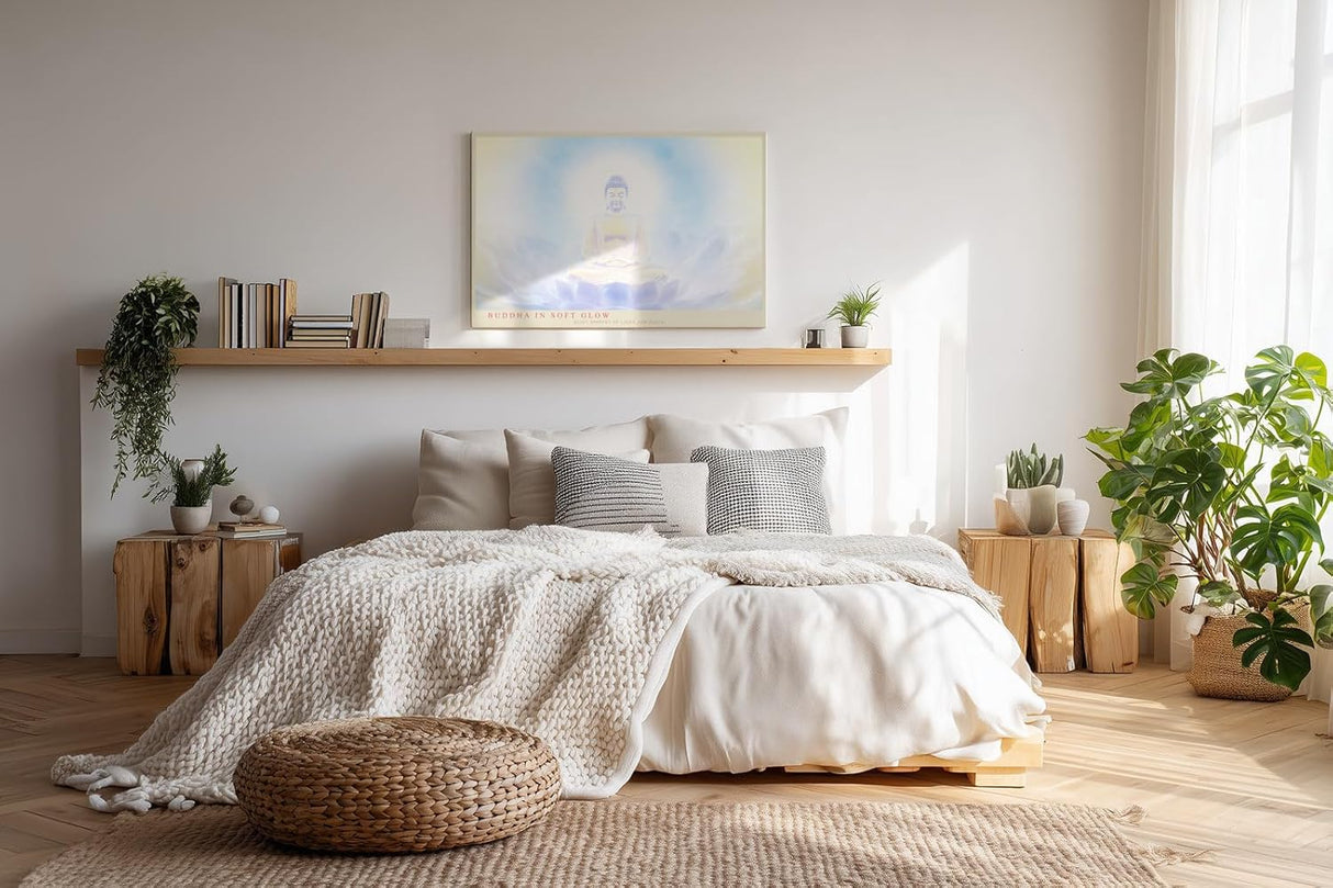 Paul Sinus Wandbild 120x80cm Buddha Meditation sanftes Licht spirituelle Zen Kunst Lotus Atmosphaere moderner Kunstdruck Wanddekoration fuer Wohnzimmer Yoga Raum Schlafzimmer