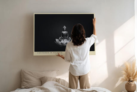 Paul Sinus Wandbild 120x80cm Buddha Meditation Schwarz Weiss Lotus moderne spirituelle Kunst ruhiges Zen Kunstbild elegante Wanddekoration für Wohnzimmer Yoga Raum