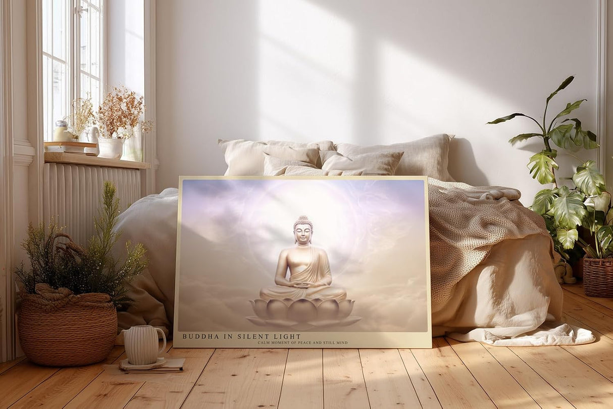 Paul Sinus Wandbild 120x80cm Buddha Meditation spirituelle Kunst warmes Licht Lotus moderne Zen Wanddekoration Kunstdruck fuer Wohnzimmer Schlafzimmer Yoga Raum Spa