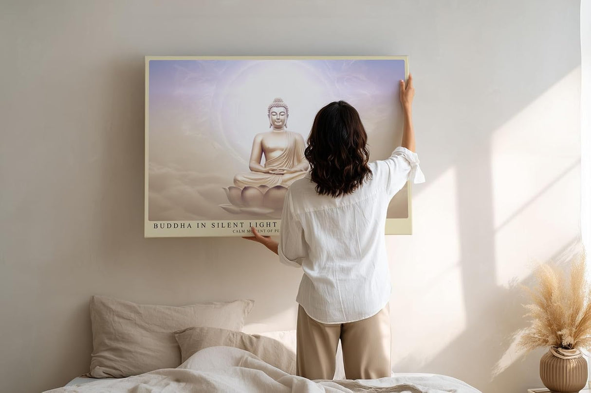 Paul Sinus Wandbild 120x80cm Buddha Meditation spirituelle Kunst warmes Licht Lotus moderne Zen Wanddekoration Kunstdruck fuer Wohnzimmer Schlafzimmer Yoga Raum Spa