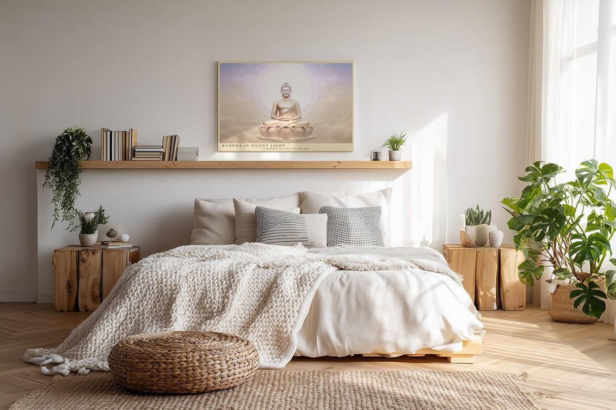 Paul Sinus Wandbild 120x80cm Buddha Meditation spirituelle Kunst warmes Licht Lotus moderne Zen Wanddekoration Kunstdruck fuer Wohnzimmer Schlafzimmer Yoga Raum Spa