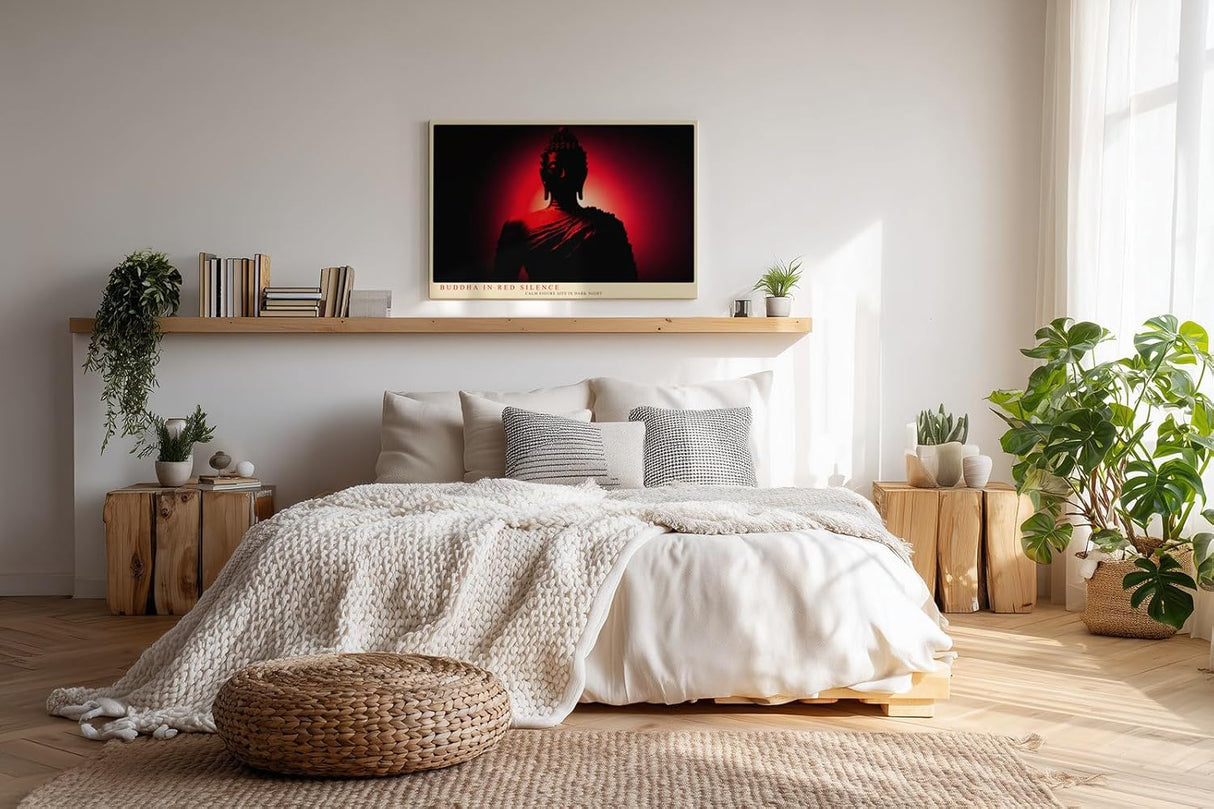 Paul Sinus Wandbild 120x80cm Buddha Silhouette rotes Licht spirituelle Zen Kunst moderne Meditation Kunstdruck stilvolle Wanddekoration fuer Wohnzimmer Schlafzimmer Yoga Raum