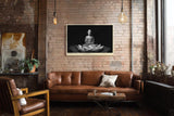 Paul Sinus Wandbild 120x80cm Buddha Statue Lotus Bluete schwarz weiss spirituelle Zen Kunst ruhige Meditation Wanddekoration fuer Wohnzimmer Yoga Raum