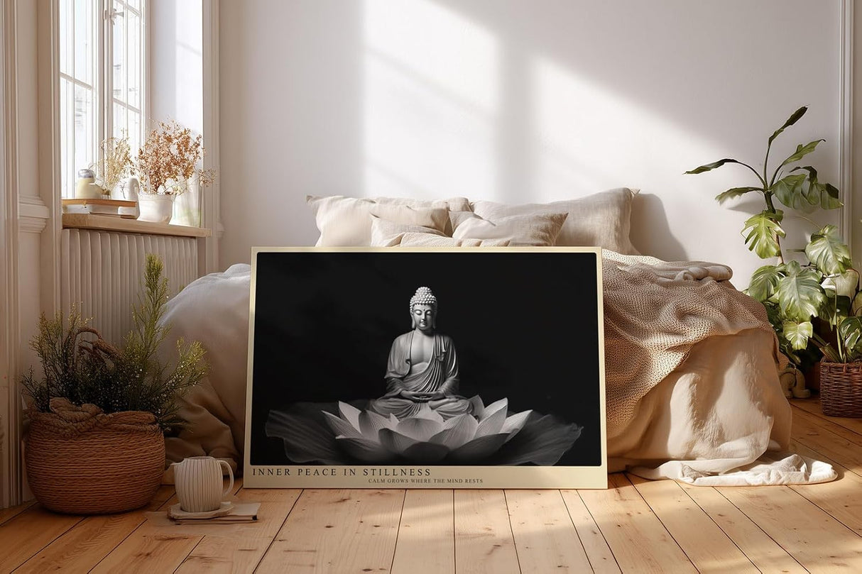 Paul Sinus Wandbild 120x80cm Buddha Statue Lotus Bluete schwarz weiss spirituelle Zen Kunst ruhige Meditation Wanddekoration fuer Wohnzimmer Yoga Raum