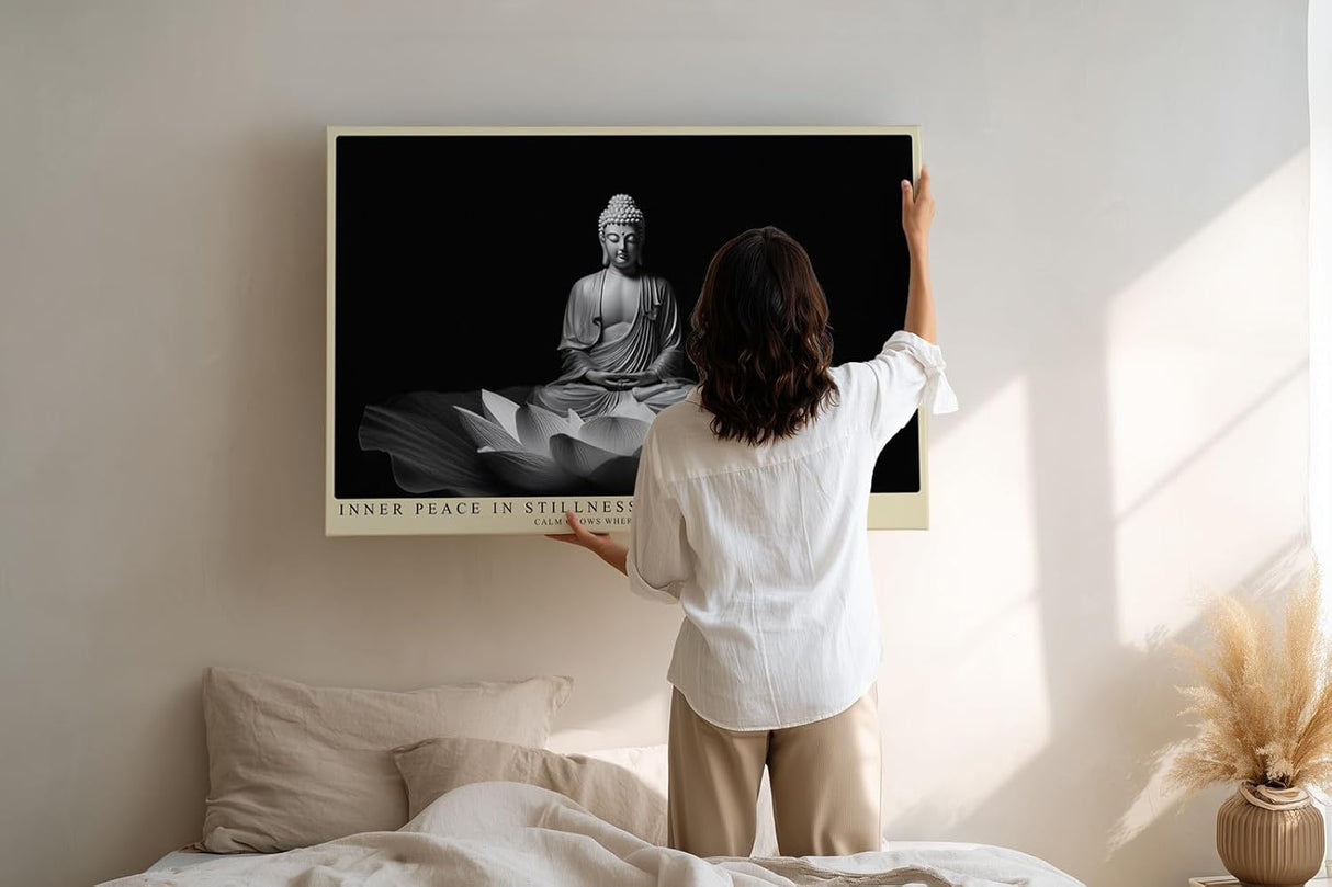 Paul Sinus Wandbild 120x80cm Buddha Statue Lotus Bluete schwarz weiss spirituelle Zen Kunst ruhige Meditation Wanddekoration fuer Wohnzimmer Yoga Raum