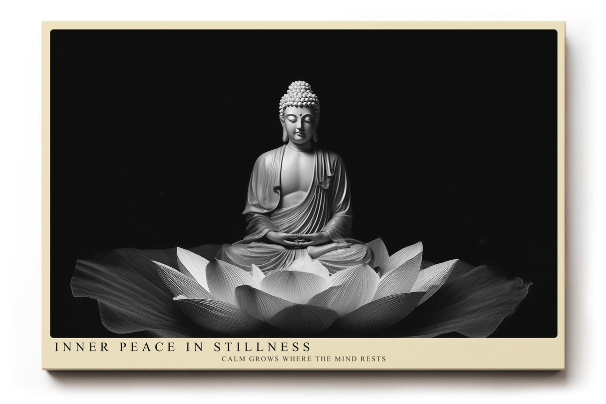 Paul Sinus Wandbild 120x80cm Buddha Statue Lotus Bluete schwarz weiss spirituelle Zen Kunst ruhige Meditation Wanddekoration fuer Wohnzimmer Yoga Raum