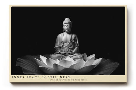 Paul Sinus Wandbild 120x80cm Buddha Statue Lotus Bluete schwarz weiss spirituelle Zen Kunst ruhige Meditation Wanddekoration fuer Wohnzimmer Yoga Raum