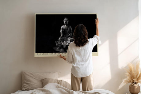Paul Sinus Wandbild 120x80cm Buddha Statue Lotus Schwarz Weiss spirituelle Zen Kunst minimalistische Meditation Wanddekoration für Wohnzimmer Yoga Raum