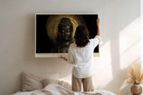 Paul Sinus Wandbild 120x80cm Buddha Statue Meditation spirituelle Kunst goldenes Licht ruhiges Zen Motiv stilvolle Wanddekoration fuer Wohnzimmer Büro