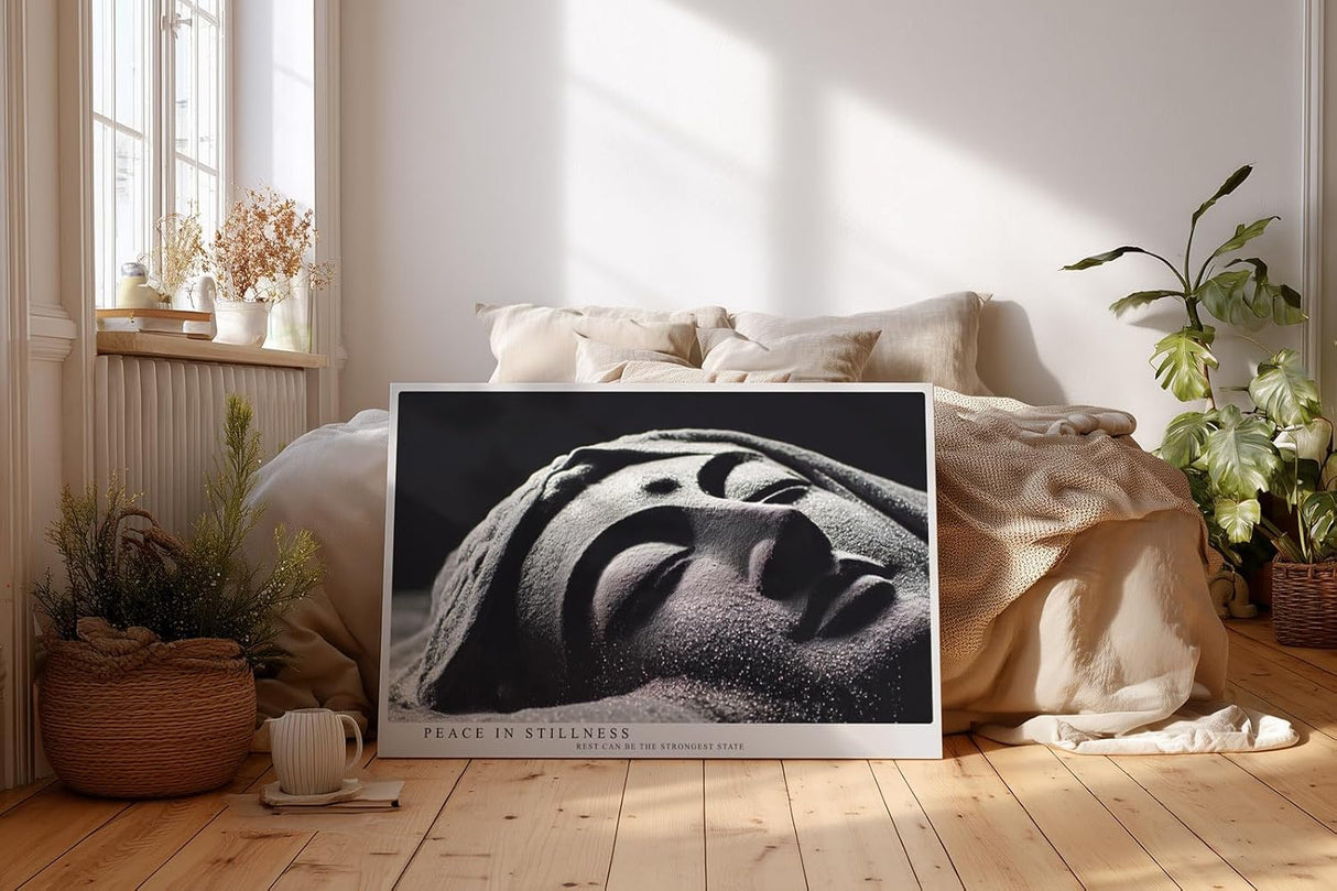Paul Sinus Wandbild 120x80cm Buddha Statue Meditation Zen Fotokunst schwarz weiss spirituelle Ruhe moderner Kunstdruck Wanddekoration für Wohnzimmer Yoga Raum