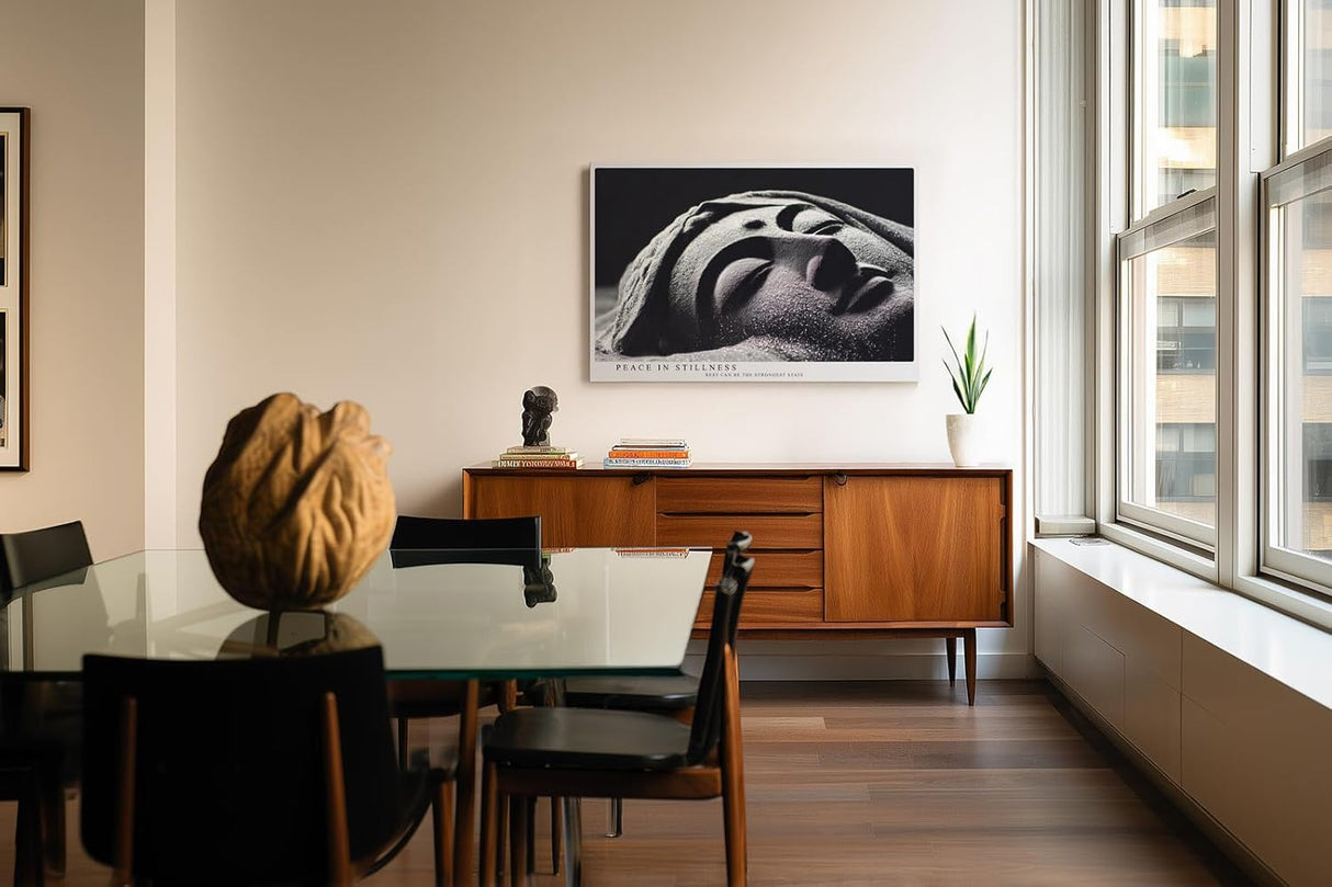 Paul Sinus Wandbild 120x80cm Buddha Statue Meditation Zen Fotokunst schwarz weiss spirituelle Ruhe moderner Kunstdruck Wanddekoration für Wohnzimmer Yoga Raum