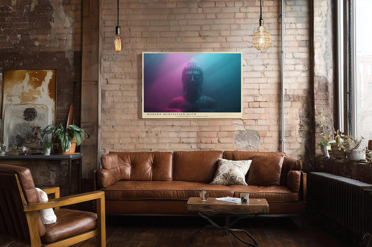 Paul Sinus Wandbild 120x80cm Buddha Statue modernes Neon Licht spirituelle Meditation Kunst pink blau mystisches Kunstbild für Wohnzimmer Yoga Raum