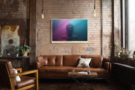Paul Sinus Wandbild 120x80cm Buddha Statue modernes Neon Licht spirituelle Meditation Kunst pink blau mystisches Kunstbild für Wohnzimmer Yoga Raum